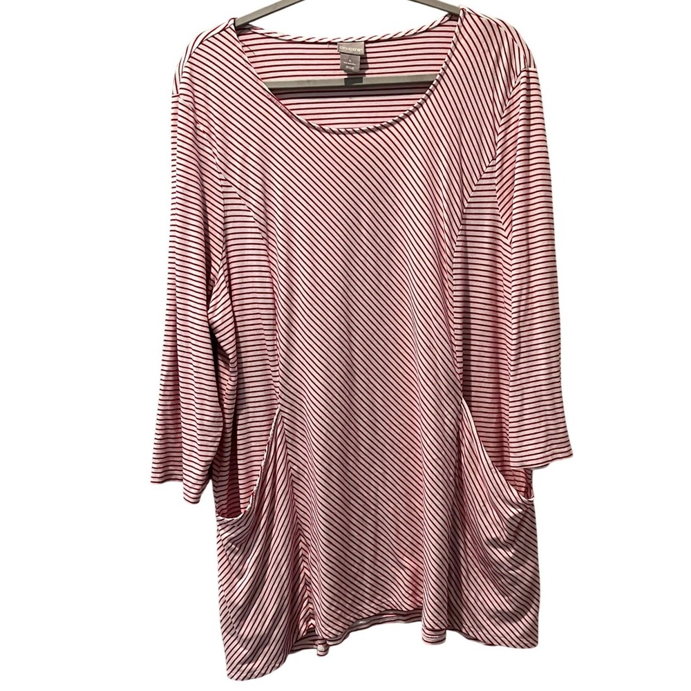 Chicos Red White Striped Tunic Top Pockets 3/4 Sleeve Size 4 XXL Lagenlook